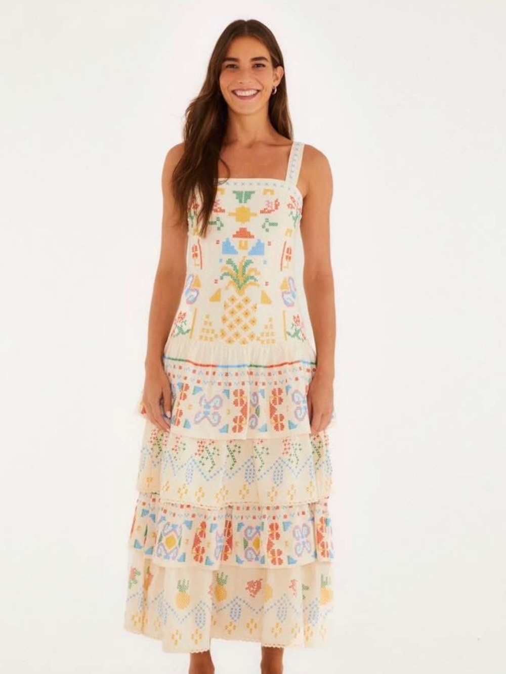 FARM Rio Cream Maxi Dress with Multicolor Embroidery